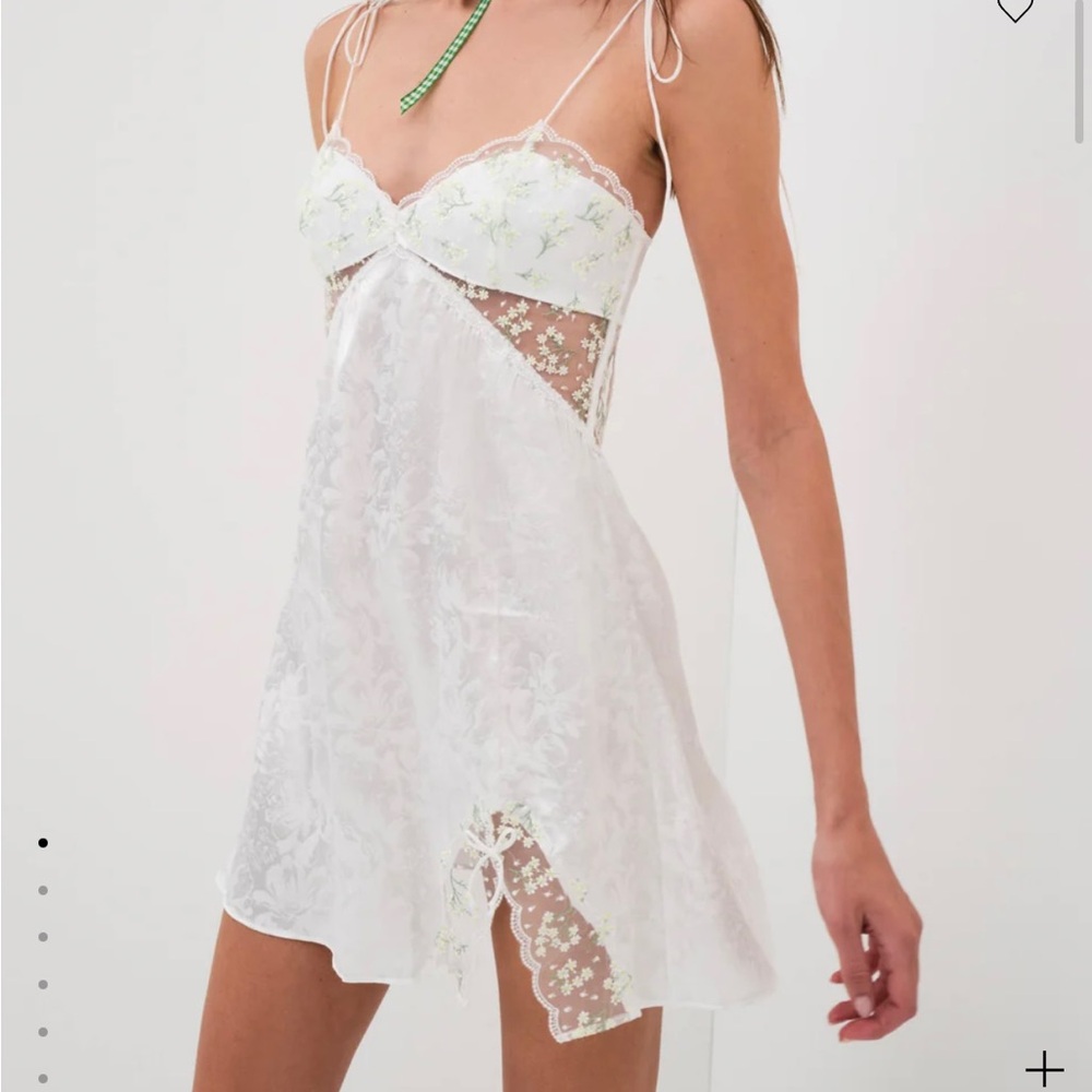 For Love & Lemons White Lace Mini Dress with Pale Green Embroidery